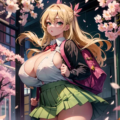 The most beautiful and sexy school girl, blonde hair, green eyes, huge gigantic tits, cleavage showing, wearing highly detailed and sexy school uniform and backpack, tons of tattoos and piercings, school campus, cherry blossoms blowing in the wind, highly ...