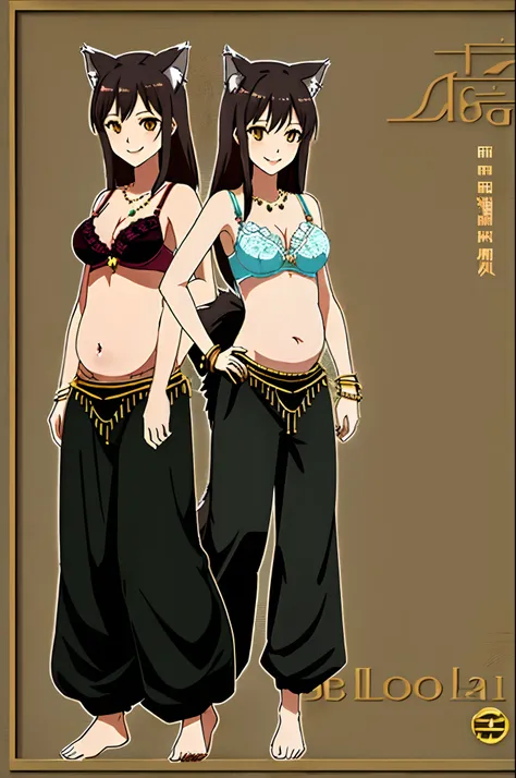 (((wolf girl))), (((smile))), (((full body))), (((standing pose))), (((belly dance bra))), (((jewelry))), ((((very long and baggy Belly Dance Harem Pants)))), (((bare feet))), (((fully detailed)))