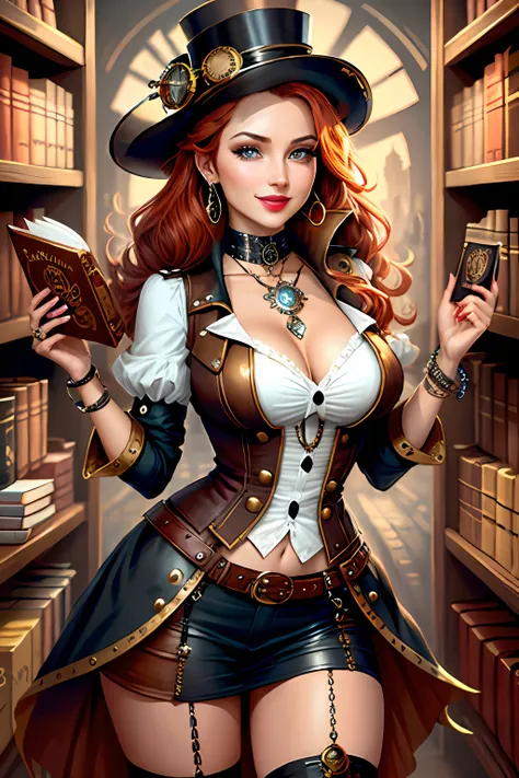 miss fortune Steampunk, steampunk, mulher sorridente em uma pequena livraria, colares, brincos, pulseiras, correntes, camisas, coletes, cintos