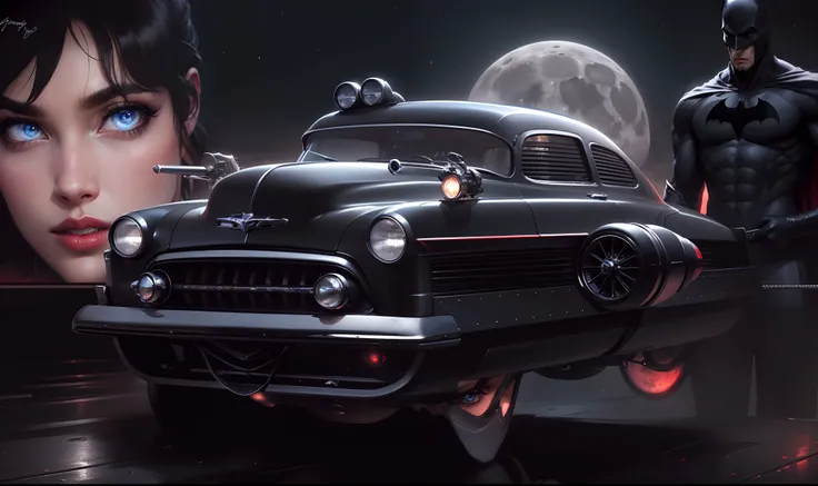 Um carro hover preto brilhante Chevy 50 powerful no primeiro plano, behind there is a beautiful woman with blue eyes and red lips and on the other side the male Batman and in the background a full moon with the sky with starry night