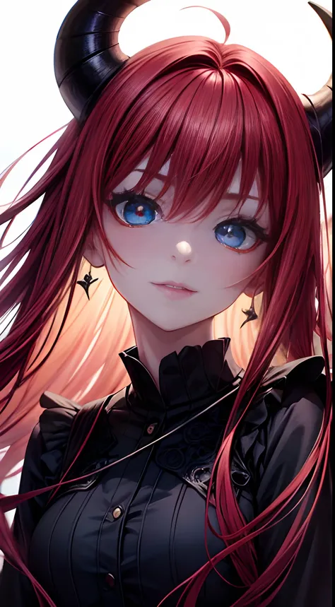 "An anime girl with blue eyes and long red hair, accompanied by demonic wings, a demonic tail, and a demonic horn. The artwork should have the best quality, high resolution, and vibrant colors. It should be in the style of a portrait, with soft lighting il...