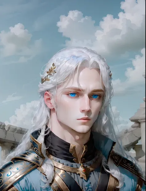 create an image of a young god with bright blue eyes and white hair. the god should look incredibly handsome and majestic, mit e...