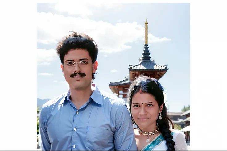 A guy and a girl front of a traditional temple