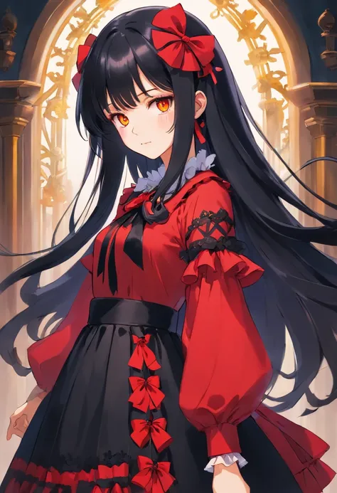 a girl with long black hair, red right eye, yellow left eye, wearing a red and black gothic lolita fashion dress with red ribbons