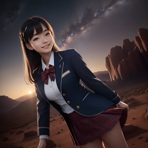 masutepiece, Super Detail, High quality, awardwinning, 8K, (girl), Solo, Smiling, japanese hight school uniform, (All formal jackets are dark navy blue), White shirt, Short skirts are plaid, Theme color is dark navy, up close shot, On the surface of Mars, ...