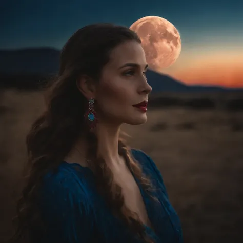 most beautiful girl in the earth, clothing red dress, night time , bright moon , face is glowing in the moon light. blue sky, blue light