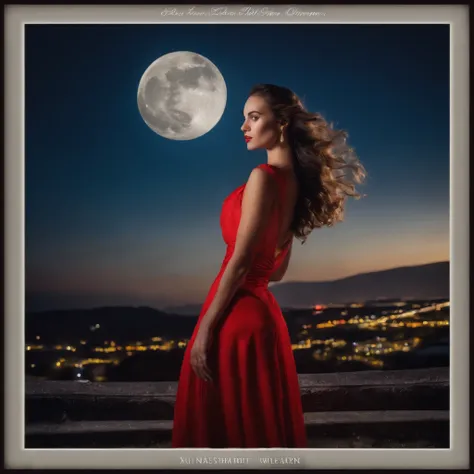 most beautiful girl in the earth, clothing red dress, night time , bright moon , face is glowing in the moon light. blue sky, blue light