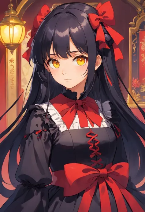 a girl with long black hair, red right eye, yellow left eye, wearing a red and black gothic lolita fashion dress with red ribbons