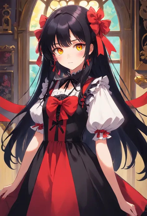 a girl with long black hair, red right eye, yellow left eye, wearing a red and black gothic lolita fashion dress with red ribbons