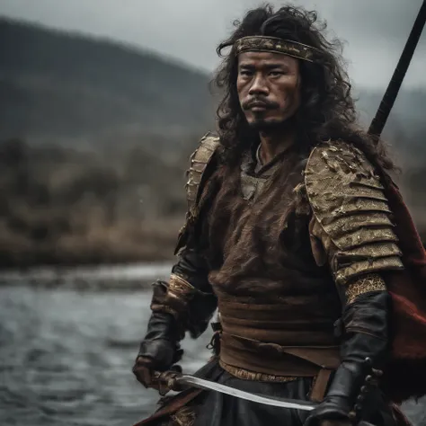 high details, male samurai warrior in full armor, katana sword, riding lion, wearing oni mask and long hair, wearing lion skin, dark rainy day, dark clouds, full moon, standing on a battlefield, in the back burning town