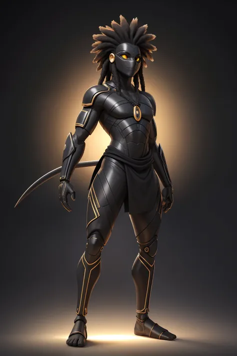 Create an image of a black ninja after an apocalypse in the future, afro cabelo caindo para frente, Rasta type but braided,tiro de corpo inteiro, tiro de corpo inteiro, wearing an Indian costume ,African tribule Biomechanical creature in humanoid form, com...