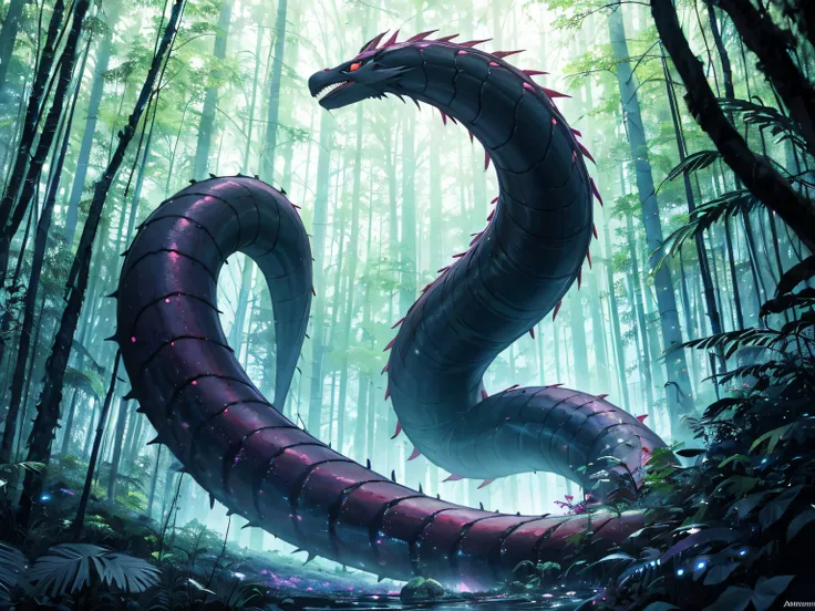 Serpente gigante alada, Night scenery, Floresta encantada, Clima sombrio, pavor, medo desespero, mistic ambient, Auras de Poder, force of nature, Arte intrincada, Arte premiada, Trend in Artgerm, 8k,