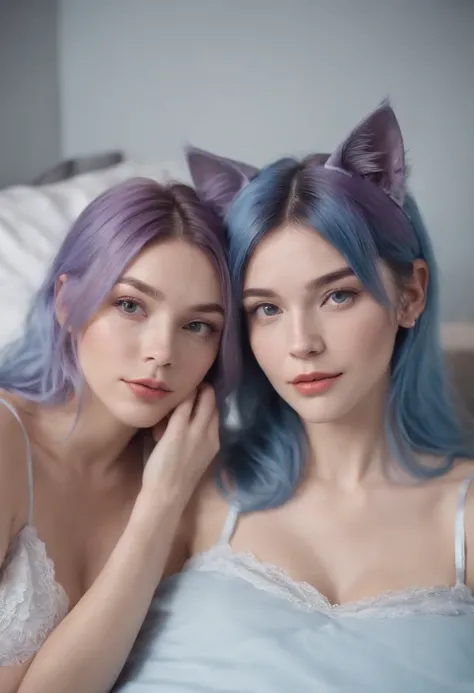 photorealistic picture with a lot of lifelike details of two women, purple and blue hair, cat ears on her head, dressed in light blue lingerie, she is in bed, freckles, they cuddle, one of them is making the selfie