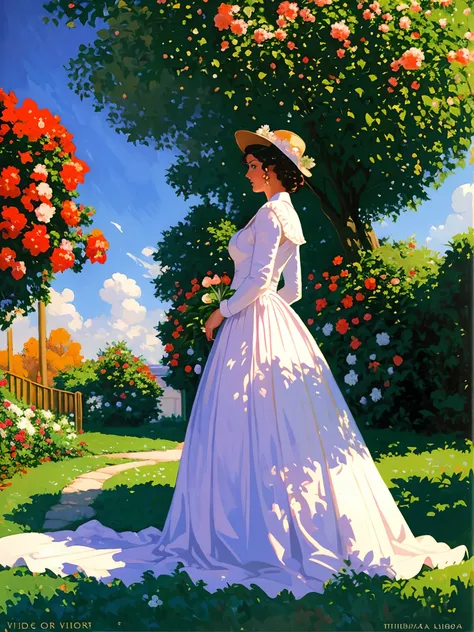 Painting of a woman in a white dress and hat in the garden, Greg Hildebrandt Very detailed, Tim Hildebrandts style, greg hildebrandt, Tim and Greg Hildebrandt, hildebrandt, tim hildebrandt, Brother Hildebrandt, in a garden, otto schmidt, Brother Hildebrand...