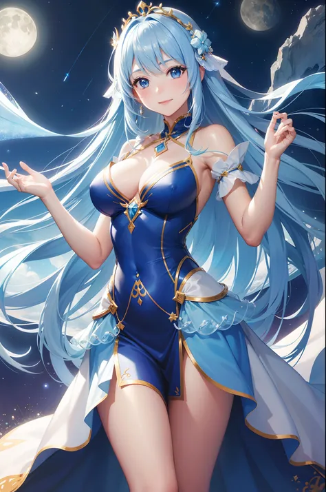 Pretty girl、A charming smile、Blue Long Hair、Engaging pose、Blue and white costume、Fantasia、Crystal jade、constellation、a moon、Fantastic background