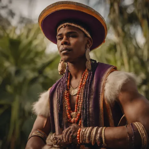 Justin Bieber, Singer, dressed as an Aztec King, colors purple and orange, no headdress, holding a NBA regulation basketball, staged in the middle of the rainforest, surrounded by Aztec pyramids, high quality background, ultra detailed scenery ,(photoreali...