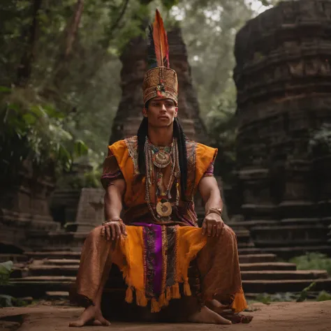 Shawn Mendes, Singer, dressed as an Aztec King, colors purple and orange, no headdress, holding a NBA regulation basketball, staged in the middle of the rainforest, surrounded by Aztec pyramids, high quality background, ultra detailed scenery ,(photorealis...