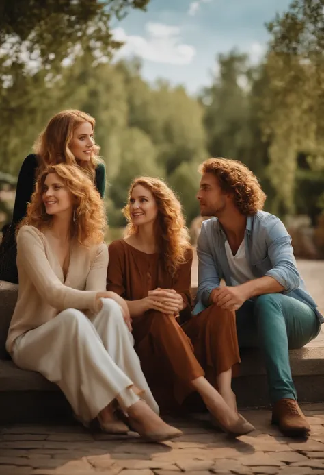 Three beautiful women a green-eyed blonde a curly-haired brunette a light-eyed redhead are talking to two handsome men a blue-eyed blond and one with medium brown hair and brown eyes they are sitting in an outdoor square