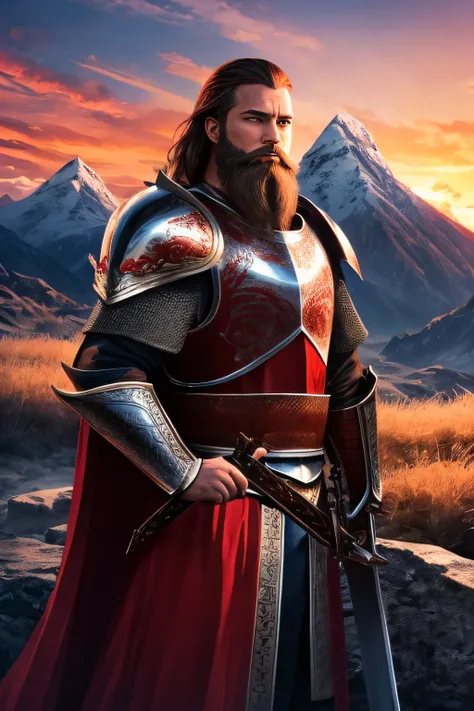 King with beard fighting with a broadsword bravely against various enemies, with magnificent armor with a red cape blue eyes well detailed standing in the background the sunset mountainous region