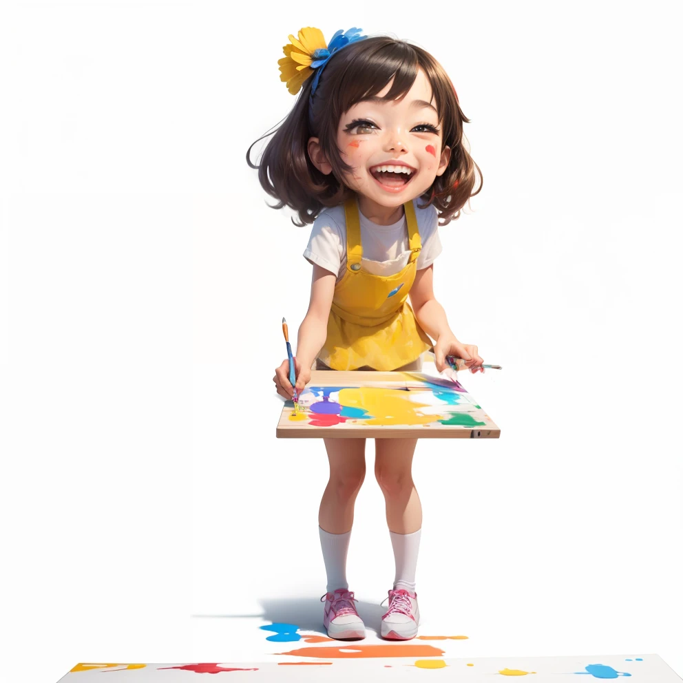 Very cheerful and smiling she is painting a rather colorful and abstract picture that is on an easel