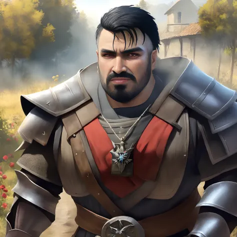 David, shirt black hair, black beard, wearing Witcher armor, the Witcher, glowing red eyes, high quality, in a village