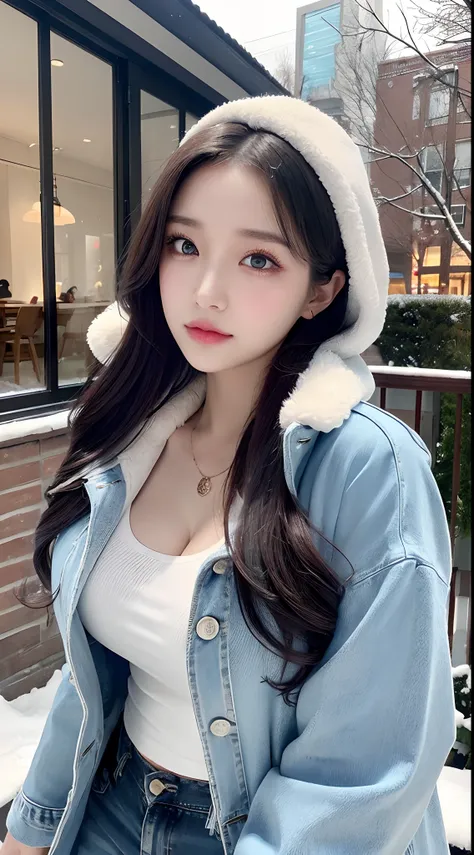 1girl, 21 years old, beautiful girl, (white shirt, pattern), collarbone, beautiful blue eyes, wearing black hijab or veil, natural make up, building, winter trench coat, day, denim, fur-trimmed_coat, fur-trimmed_jacket, fur_collar, fur_trim, jeans, jewelry...