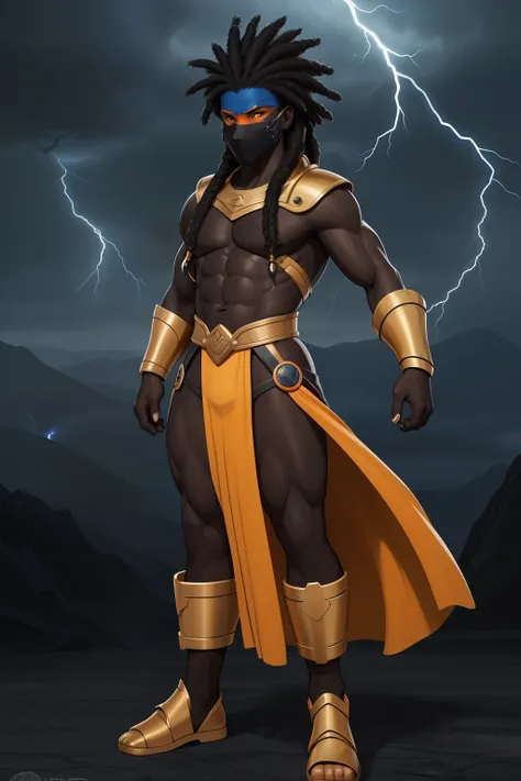 Create an image of a black ninja after an apocalypse in the future, afro cabelo caindo para frente, Rasta type but braided,  corpo inteiro,  wearing an Indian costume African ribulo full body, A realistic 4K phoenix with blue orange feathers, dourado, cosm...