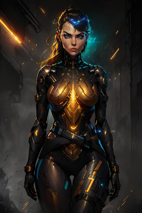 (((from face to the waist:1. 3)), (((beauty slim shape)))) best quality, hyperrealistic masterpiece, astonish anime beauty black and golden cyberpunk mech plugsuit superheroine, portrait photorealist, perfect and realist skin, glowing sharp vivid colors ey...