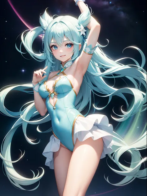 Super Idol　a beauty girl　A charming smile　sky blue hair　length hair　Twin-tailed　Bright green and white leotard costume　Mystical　Fantasia　constellation　a moon　Crystal Brilliance　Aurora Borealis in the Night Sky