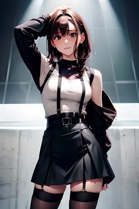 Black skirt, 　suspenders, Brown hair Gray eyes, Garter belt on the legs, Tight black clothes, 　　 a belt　Armpit sweat　　Dark look　Moderately breasts　holster　chain　　poneyTail　Water wetting