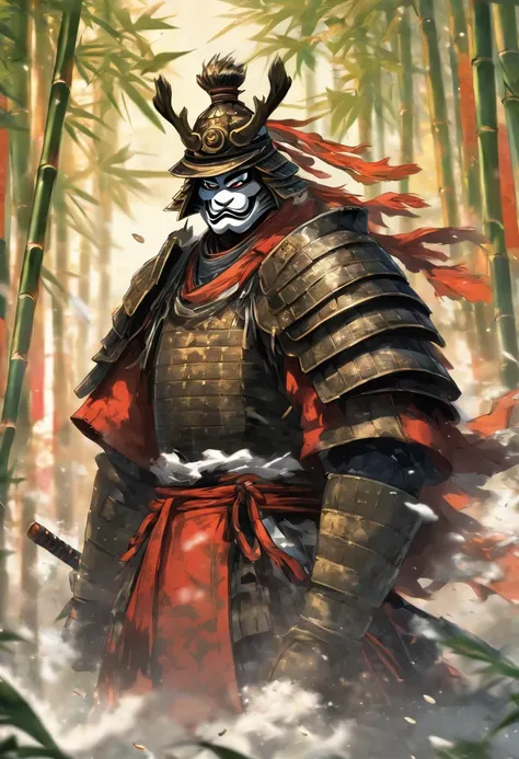 Award-winning images of brave snowman samurai warriors, Wearing highly detailed black samurai armor, Wearing a sashimi war flag on his back, in bamboo forest, Highly detailed background, Bamboo leaves blowing in the wind, perfect masterpiece, High quality,...