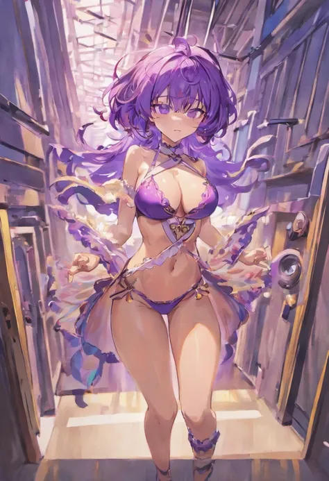 girl with clock eyes purple hair big breast barefoot busty in school