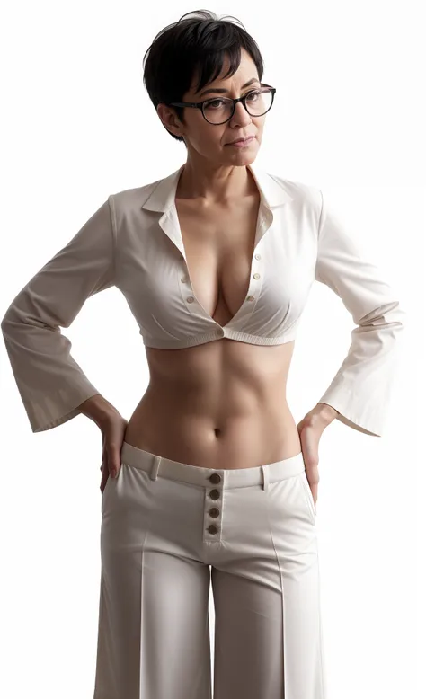 succinct clothed bespectacled cheeky aged elderly older mature nerd self-confident thug female proudly wears unbuttoned ivory cream very fitted stretch overly skimpy crop-blouse with with starched high neck and with deep unglued V-neck pinned by one only i...