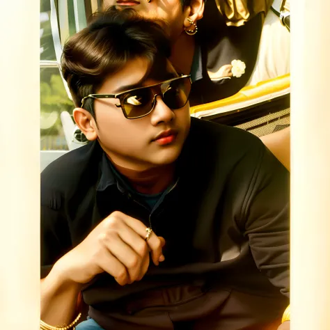 there is a man wearing sunglasses sitting in front of a bus, inspired by Bikash Bhattacharjee, jayison devadas style, with accurate face, assamese aesthetic, facebook post, jayison devadas, facebook profile picture, inspired by Saurabh Jethani, with a cool...