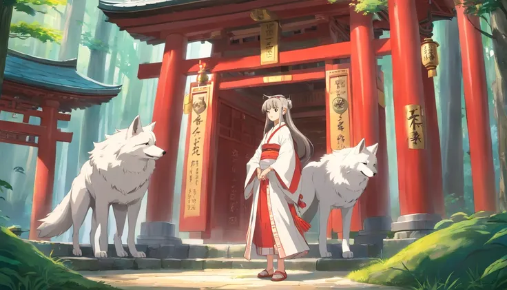 A girl in traditional japanese clothing, with white wolf beside her, standing in front of a a magical torri shrine, artgerm, by Studio Ghibli