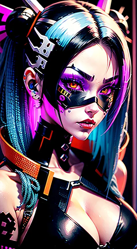 cybergoth female demon, in the style of complementary colours, cyberpunk, japanese-influenced prints, mystical, close-up --niji 5 --ar 2:3