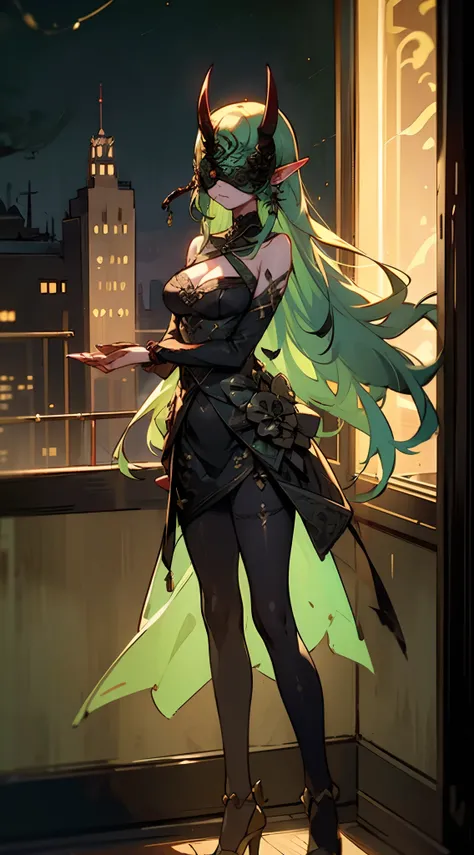 1oni woman,solo,serious face,magician golden and black outfit,cleavage,(((blind mask))),light green hair, long hair,pantyhoses,mature female,elves ears,oni horns,standing in the window,night city