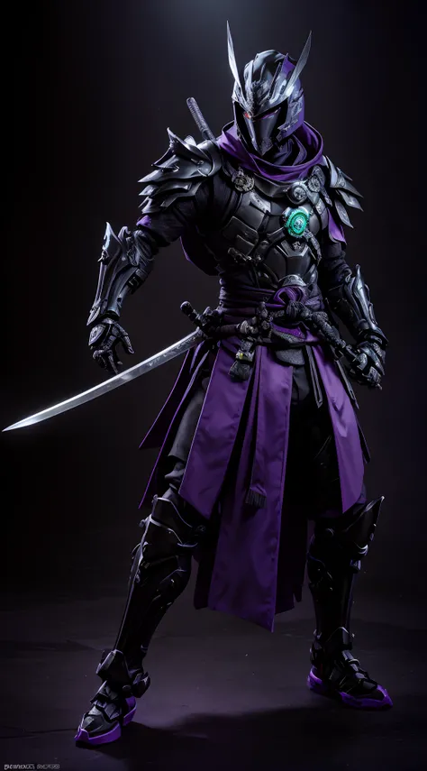 (action figure of Mechanical Samurai in a Warframe style armor with a black Katana), (purple and black color scheme with neon green linings), (Purple Samurai armor, Samurai Kabuto helmet with black flowing cloak), plastic material with metallic coating, (J...