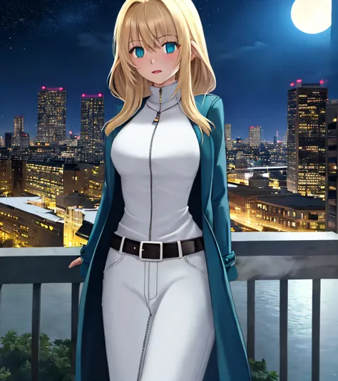 masterpiece, best quality, night, 1girl, long hair, blue eyes, blonde hair, arms behind back, solo, outdoors, coat, night, belt,...