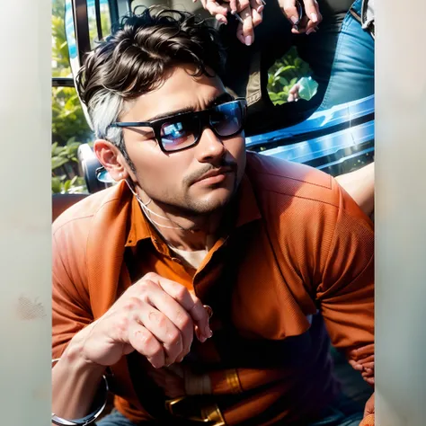 there is a man wearing sunglasses sitting in front of a bus, inspired by Bikash Bhattacharjee, jayison devadas style, with accurate face, assamese aesthetic, facebook post, jayison devadas, facebook profile picture, inspired by Saurabh Jethani, with a cool...