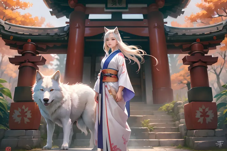 A girl in traditional japanese clothing, with white wolf beside her, standing in front of a a magical torri shrine, artgerm, by Studio Ghibli