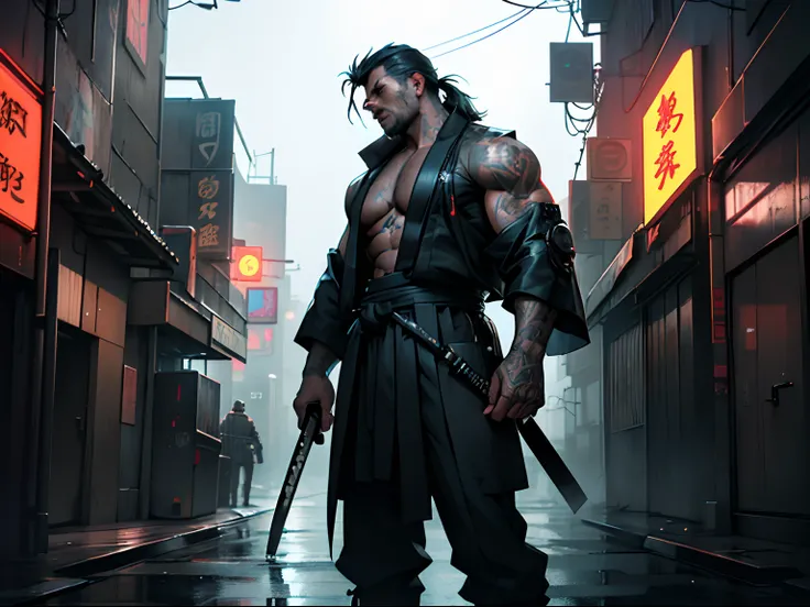 (best quality,4k,8k,highres,masterpiece:1.2),ultra-detailed,(realistic,photorealistic,photo-realistic:1.37), yakuza, buff ronin in hakama, one cyber arm, tattooed, eyepatch, dark and gritty, sci fi inspired, traditional Japanese elements, neon-lit streets,...