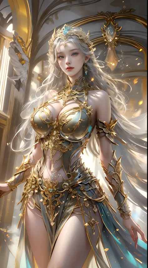 Woman in a golden transparent dress,view the viewer,(((Huge breasts, Large cleavage))),Slim waist,(navel baring,Bare waist), Long hair, Ultra-detailed details,High-end Zhenyi station, Rainstorm site, detailed fantasy art, Stunning character art, Beautiful ...