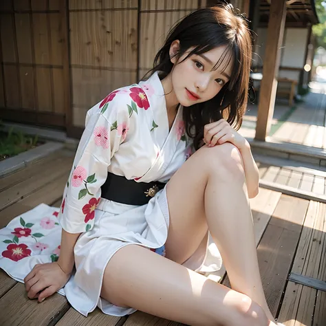 hi-school girl, lesbian, Japan Yukata, No bra, white  clothes, Legs spread wide