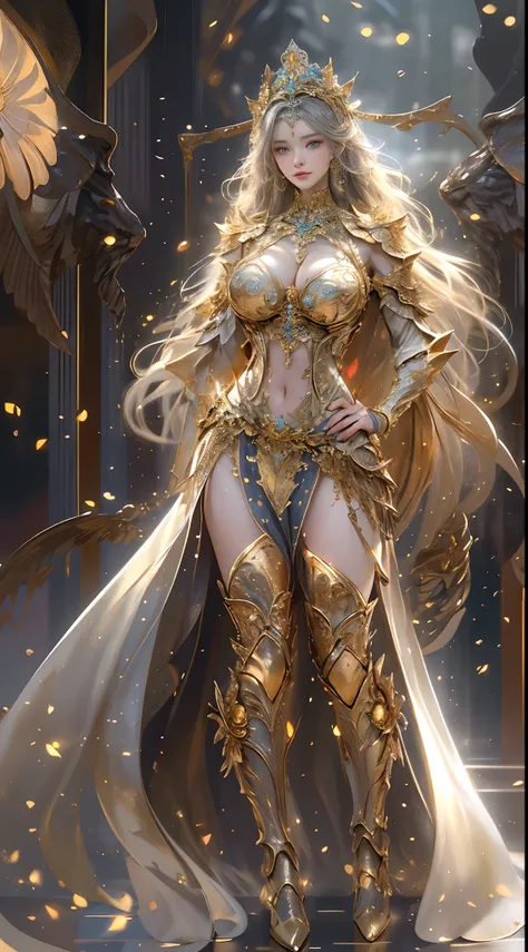 Woman in a golden transparent dress,view the viewer,(((Huge breasts, Large cleavage))),Slim waist,(navel baring,Bare waist), Long hair, Ultra-detailed details,High-end Zhenyi station, Rainstorm site, detailed fantasy art, Stunning character art, Beautiful ...