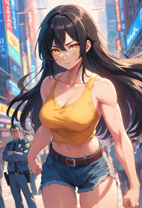 (1girl), black hair, extremely long hair, yellow eyes, (((muscular))), huge breasts, thick thighs, solo, angry, (pale skin), cowboy shot, police