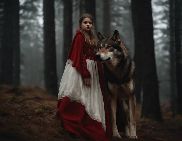 《Girl in red cloak with wolf in dark forest》Detailed digital painting, a photorealistic painting, artsy photography