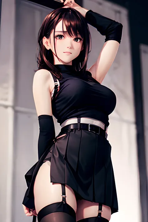 Black skirt, 　suspenders, Brown hair Gray eyes, Garter belt on the legs, Tight black clothes, 　　 a belt　Armpit sweat　　Dark look　Moderately breasts　holster　chain　　poneyTail　Water wetting