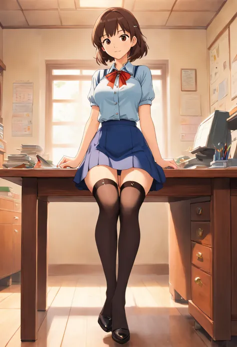 arafed woman sitting on a desk with a pair of scissors in her hand, elegant legs, long thin legs, thighhighs and skirt, long legs, standing in class, very beautiful slim legs, very beautiful long slim legs, sitting on a desk, office clothes, nice legs, goo...