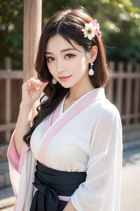 Loose and fluffy hairstyles、hairaccessories、Goddess smile、gravure model、(masutepiece), (Best Quality),BRAEK　Adult makeup、Pink blush、eyeshadows、eye line、Teardrop Bag Makeup、shiny lip、Mole in the mouth、24 year old　Japanese clothing with beautiful patterns、Ki...